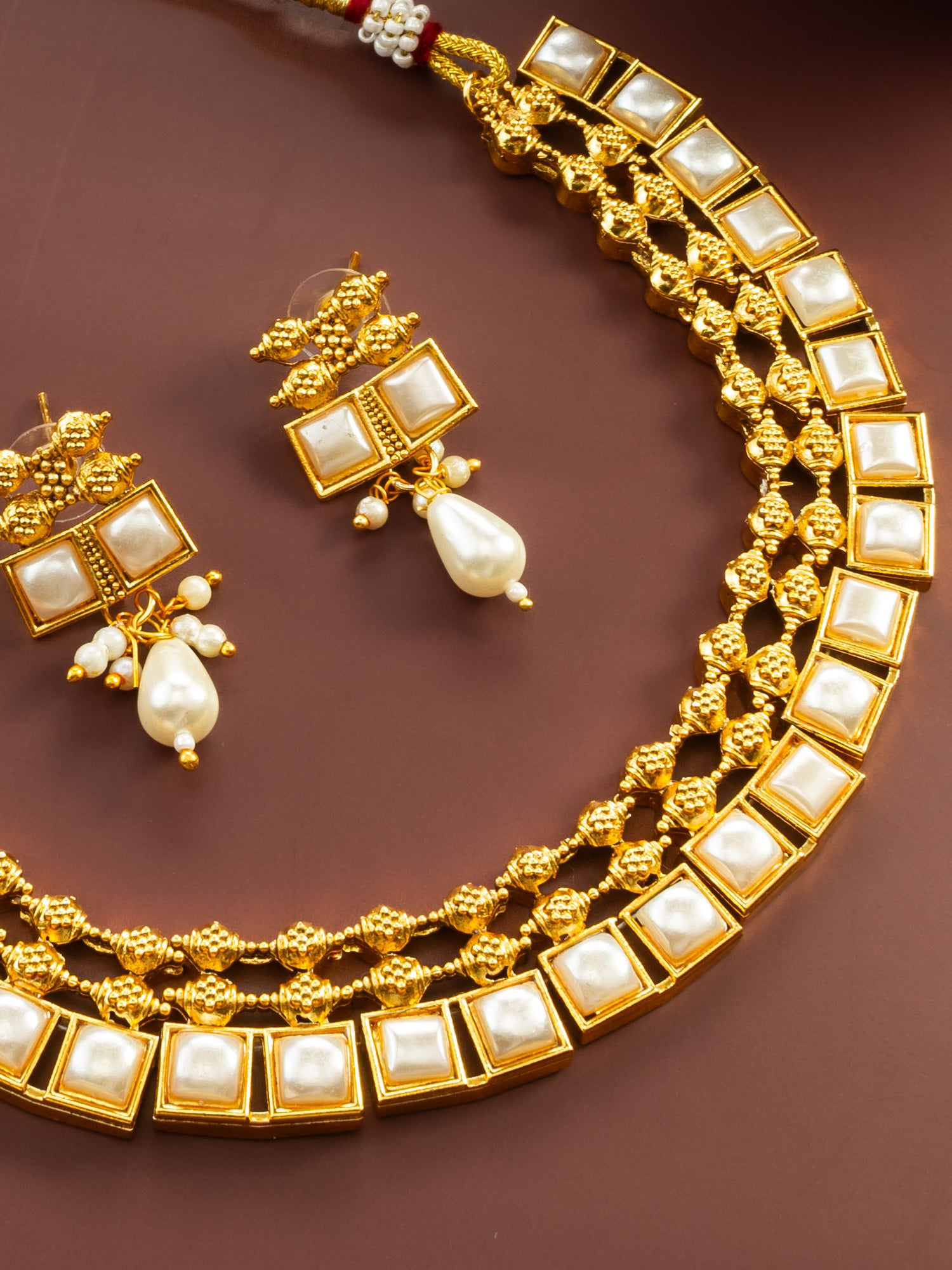 Aadita Gold Plated Pearl Kundan Geometric Traditional Necklace Set for Women