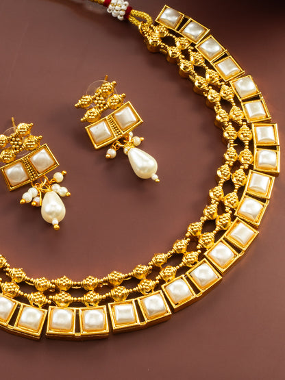 Aadita Gold Plated Pearl Kundan Geometric Traditional Necklace Set for Women