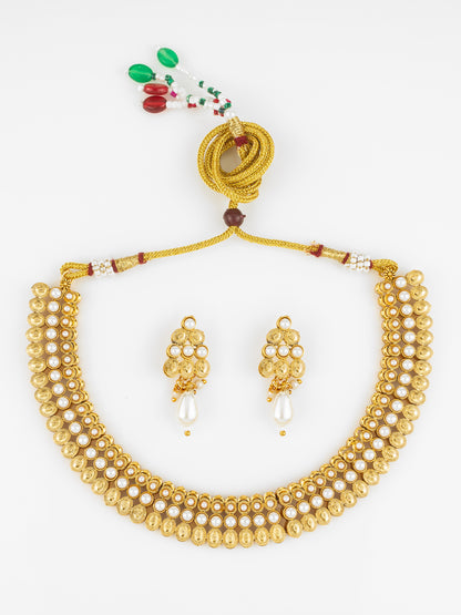 Aadita Gold Plated Pearl Beaded Traditional Necklace Set with Drop Earrings