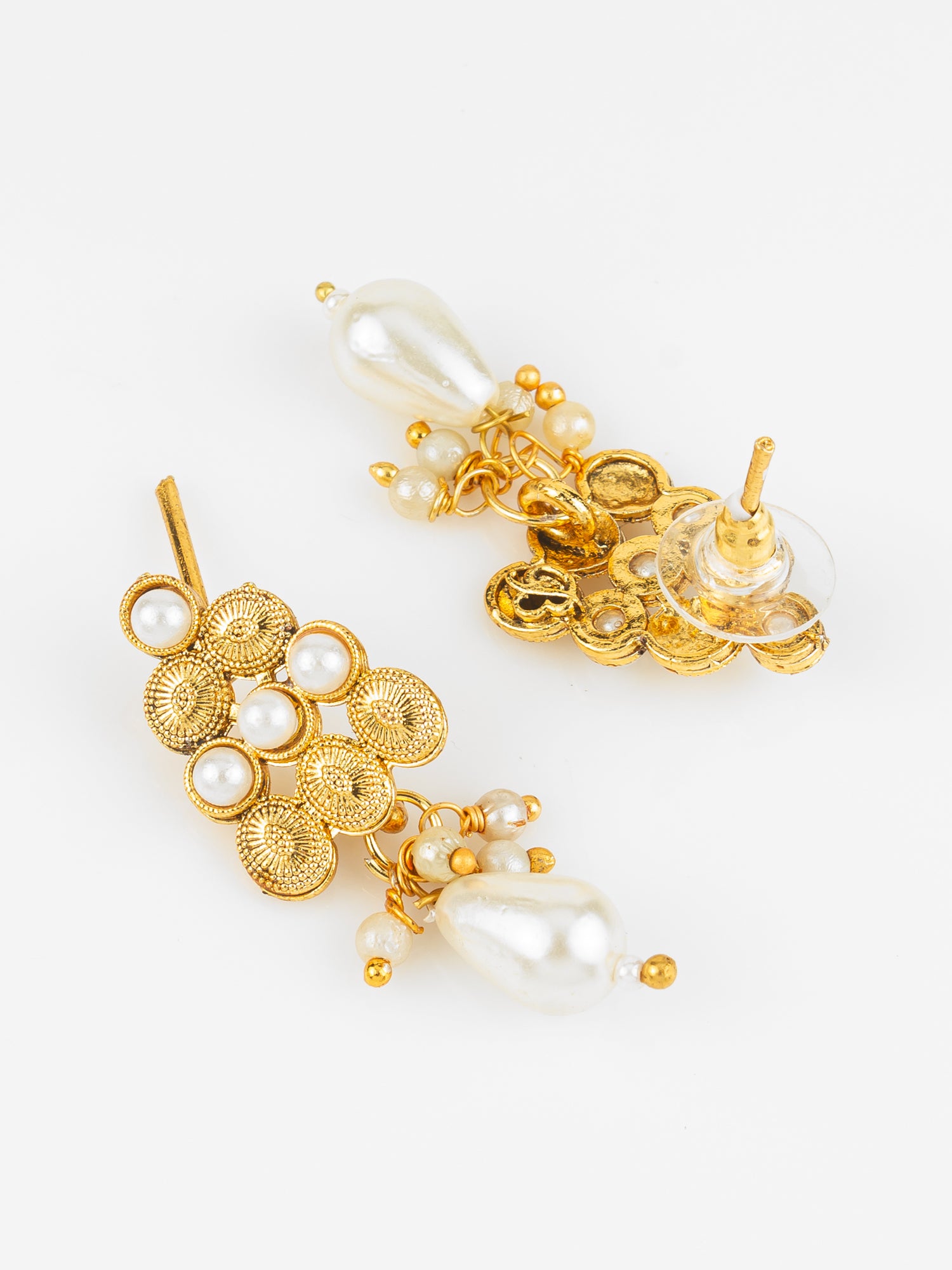Aadita Gold Plated Pearl Beaded Traditional Necklace Set with Drop Earrings