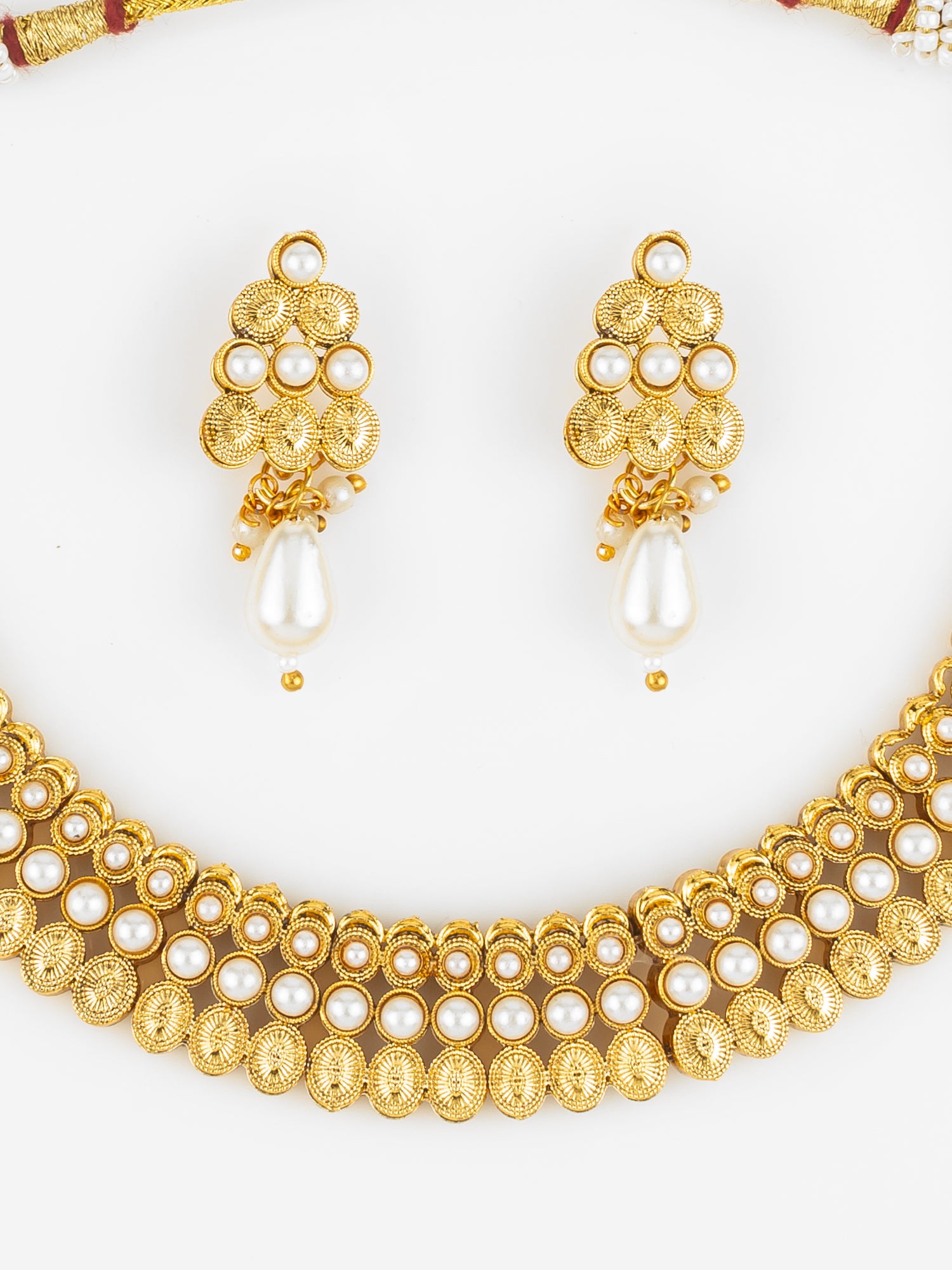 Aadita Gold Plated Pearl Beaded Traditional Necklace Set with Drop Earrings
