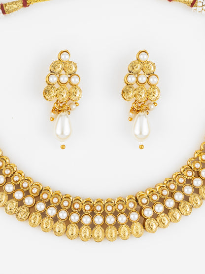 Aadita Gold Plated Pearl Beaded Traditional Necklace Set with Drop Earrings