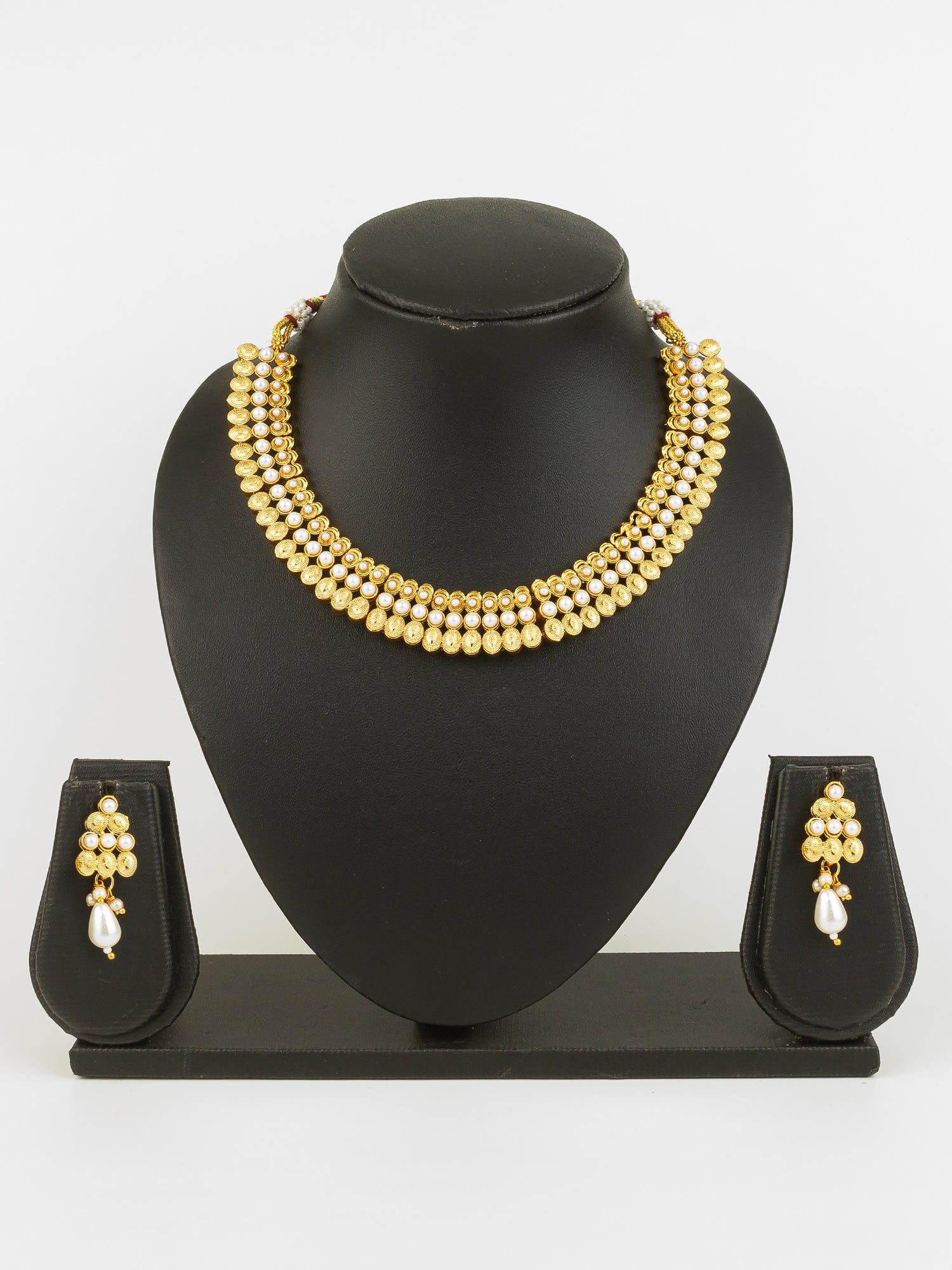 Aadita Gold Plated Pearl Beaded Traditional Necklace Set with Drop Earrings