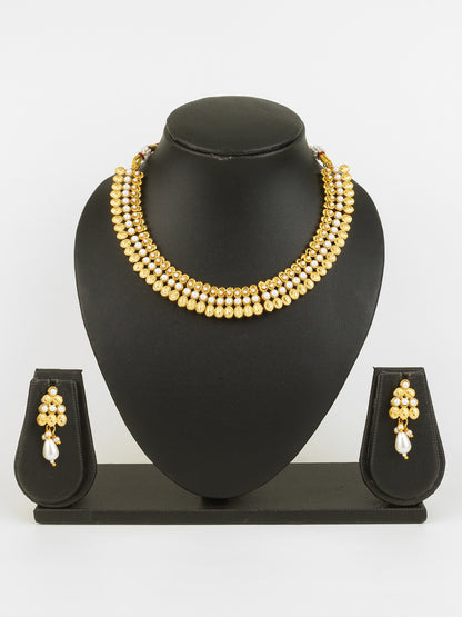 Aadita Gold Plated Pearl Beaded Traditional Necklace Set with Drop Earrings