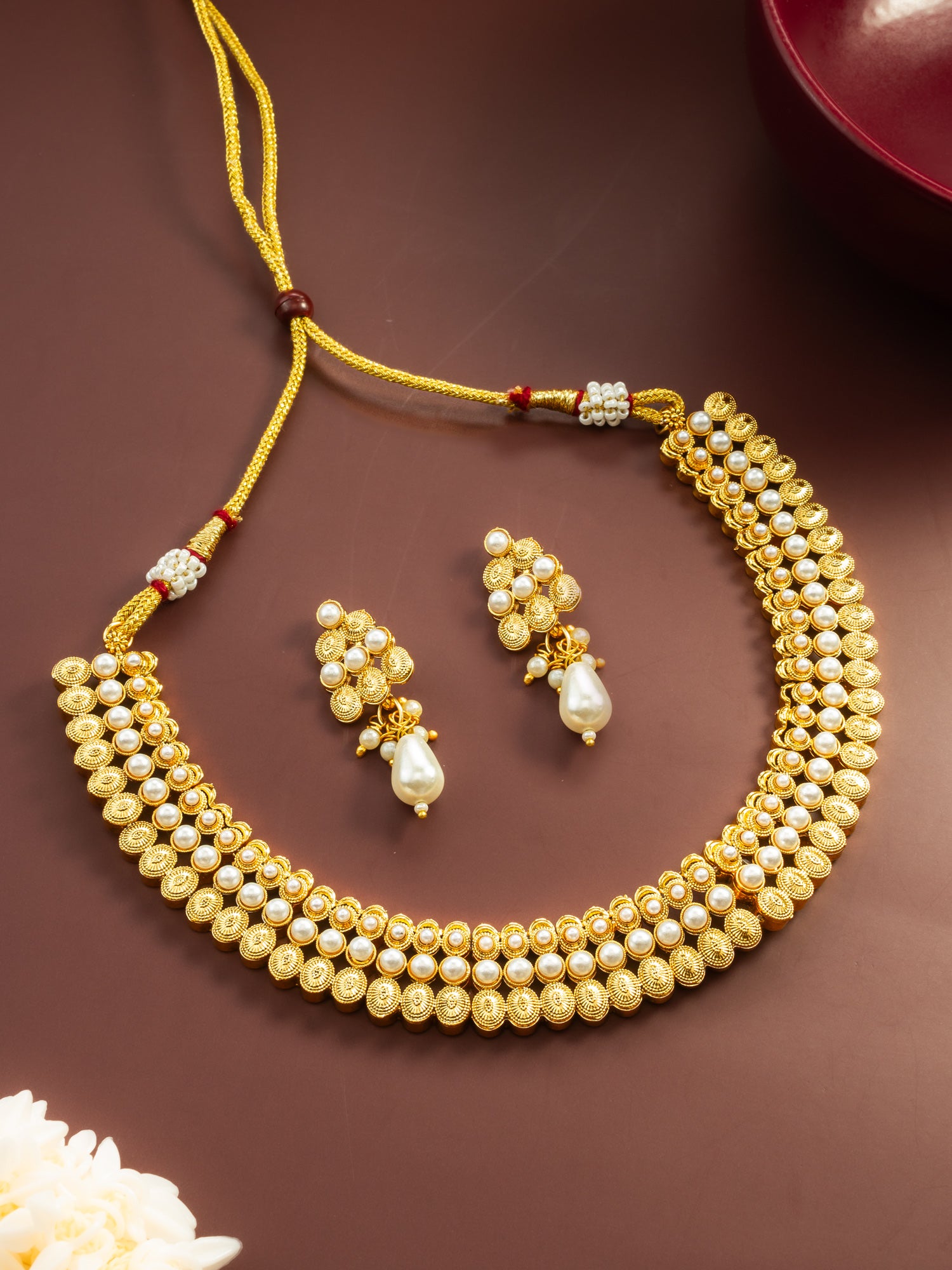 Aadita Gold Plated Pearl Beaded Traditional Necklace Set with Drop Earrings