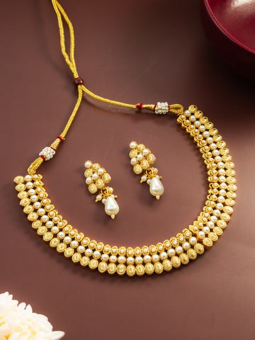 Aadita Gold Plated Pearl Beaded Traditional Necklace Set with Drop Earrings