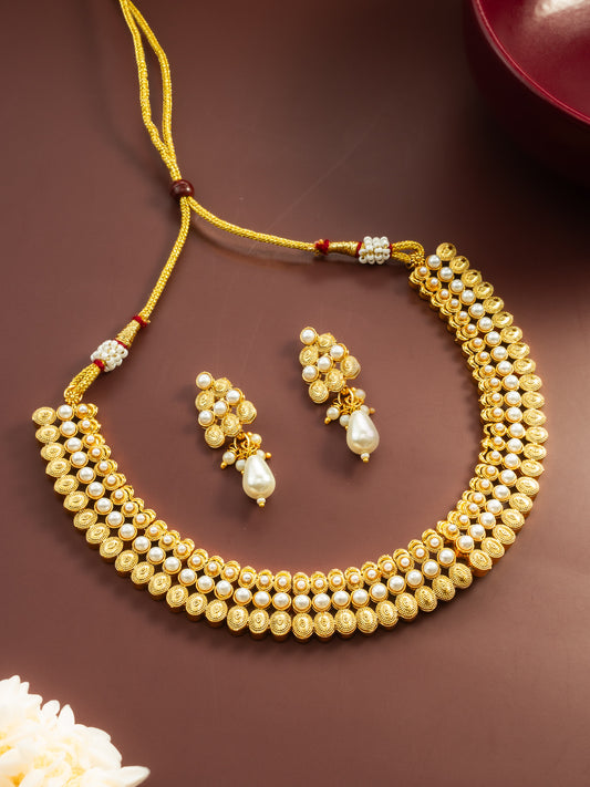 Aadita Gold Plated Pearl Beaded Traditional Necklace Set with Drop Earrings