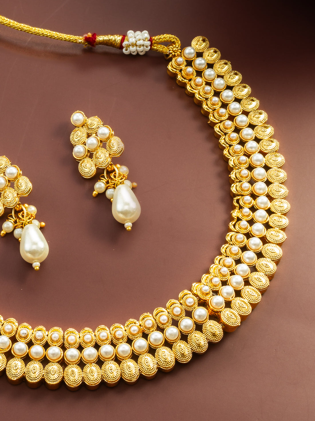 Gold Plated Pearl Beaded Traditional Necklace Set with Drop Earrings
