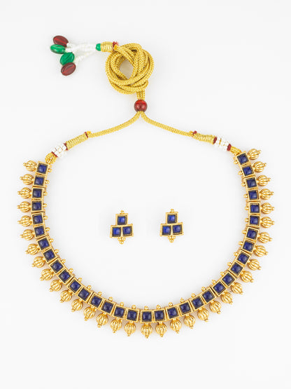 Aadita Gold Plated Blue Square Stone Traditional Necklace Set for Women