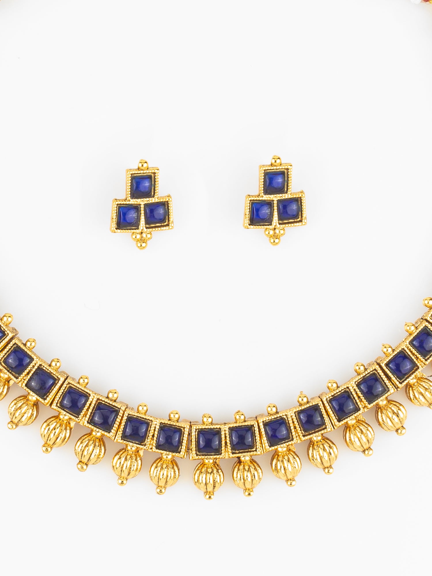 Aadita Gold Plated Blue Square Stone Traditional Necklace Set for Women