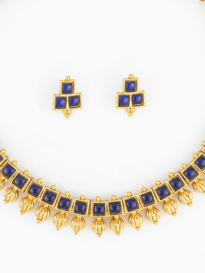 Aadita Gold Plated Blue Square Stone Traditional Necklace Set for Women