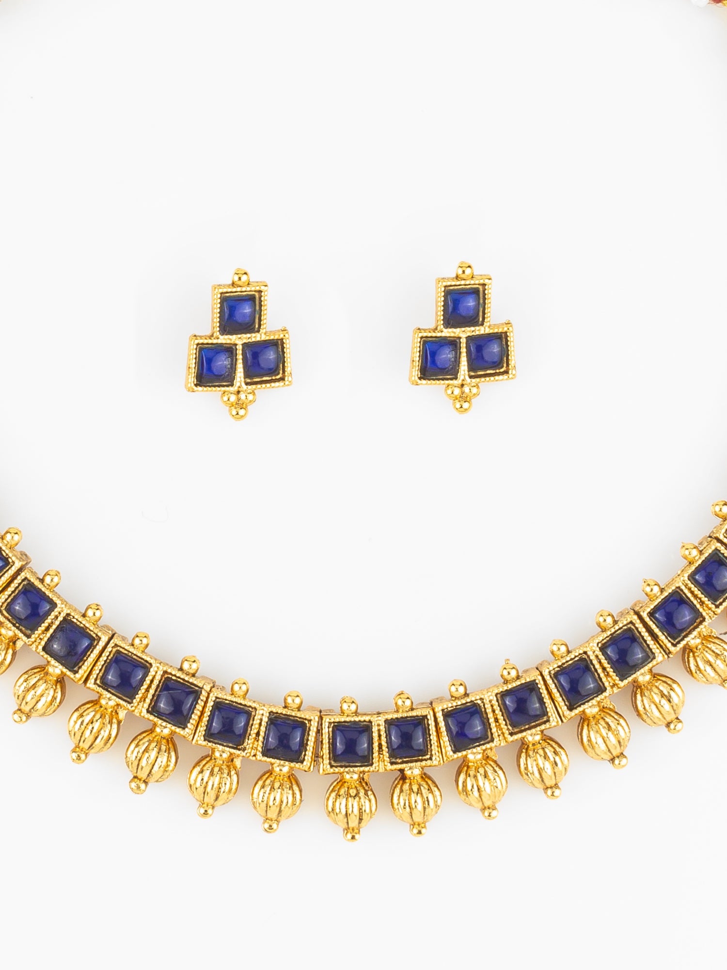 Aadita Gold Plated Blue Square Stone Traditional Necklace Set for Women WNK4826
