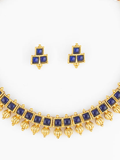 Aadita Gold Plated Blue Square Stone Traditional Necklace Set for Women WNK4826