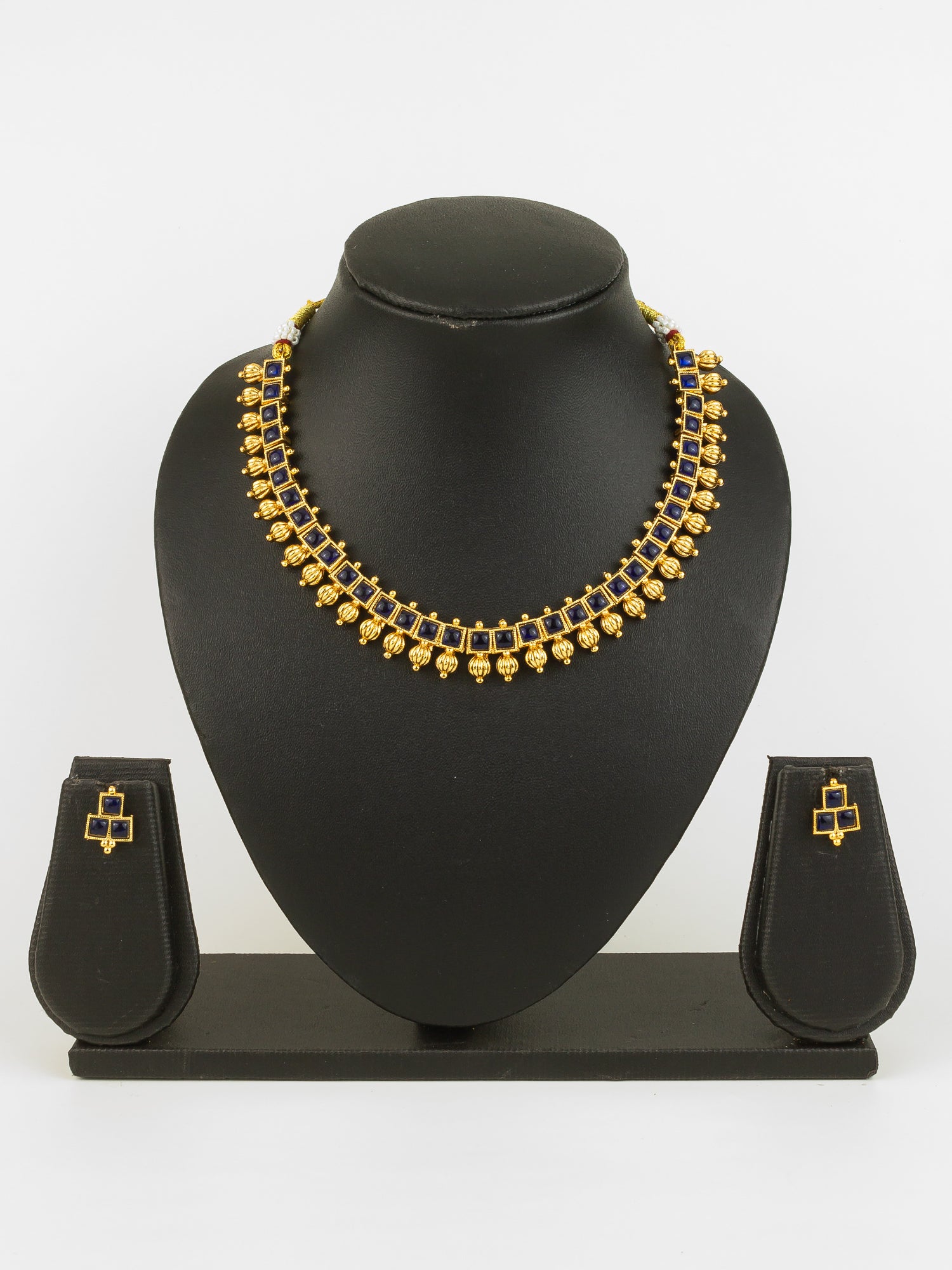 Aadita Gold Plated Blue Square Stone Traditional Necklace Set for Women