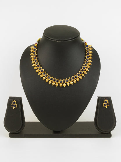 Aadita Gold Plated Blue Square Stone Traditional Necklace Set for Women