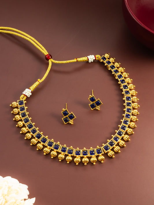Aadita Gold Plated Blue Square Stone Traditional Necklace Set for Women
