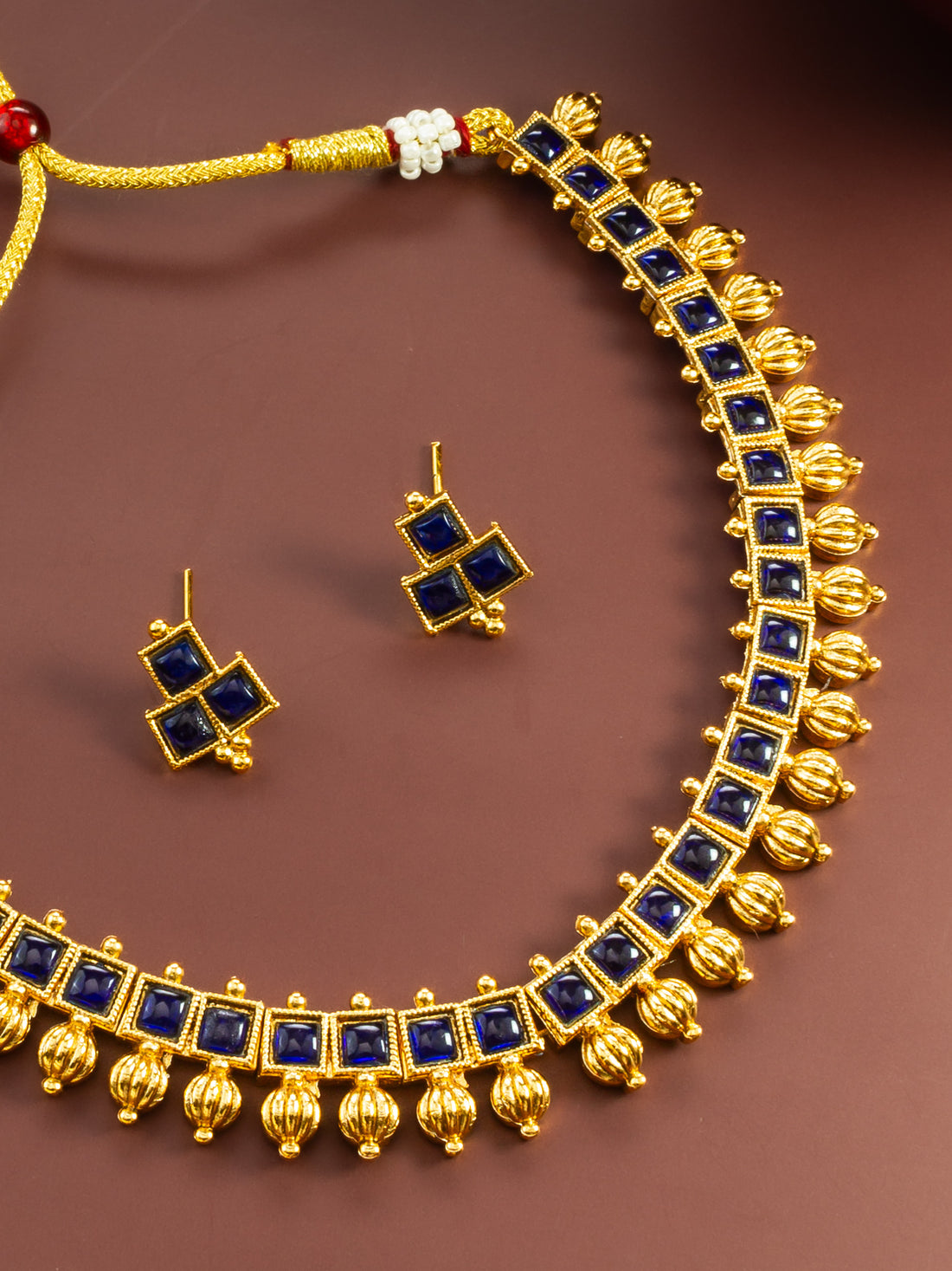 Gold Plated Blue Square Stone Traditional Necklace Set for Women