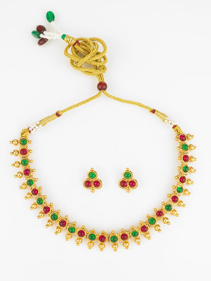 Aadita Gold Plated Green & Red Beaded Traditional Necklace Set for Women