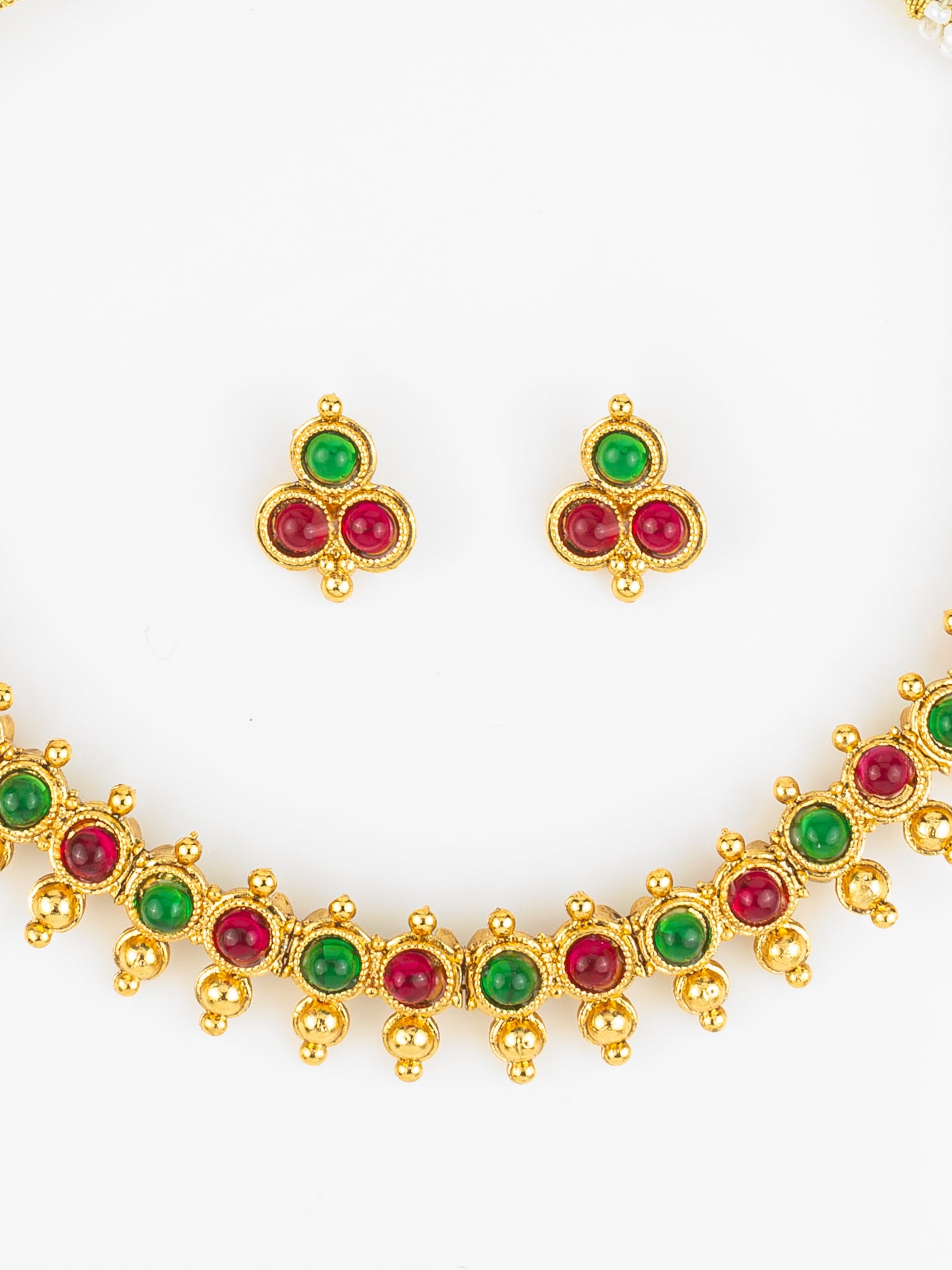 Aadita Gold Plated Green & Red Beaded Traditional Necklace Set for Women
