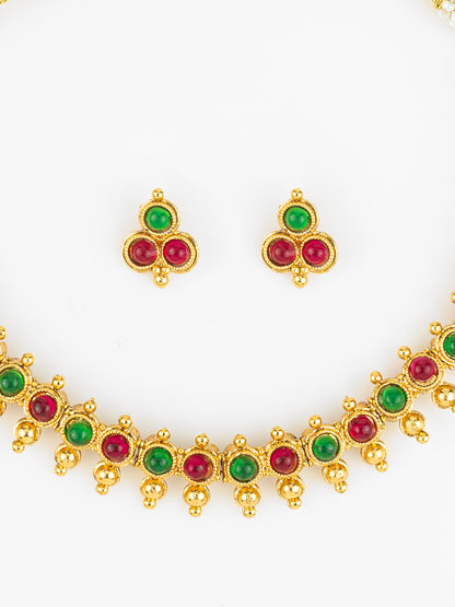 Aadita Gold Plated Green & Red Beaded Traditional Necklace Set for Women