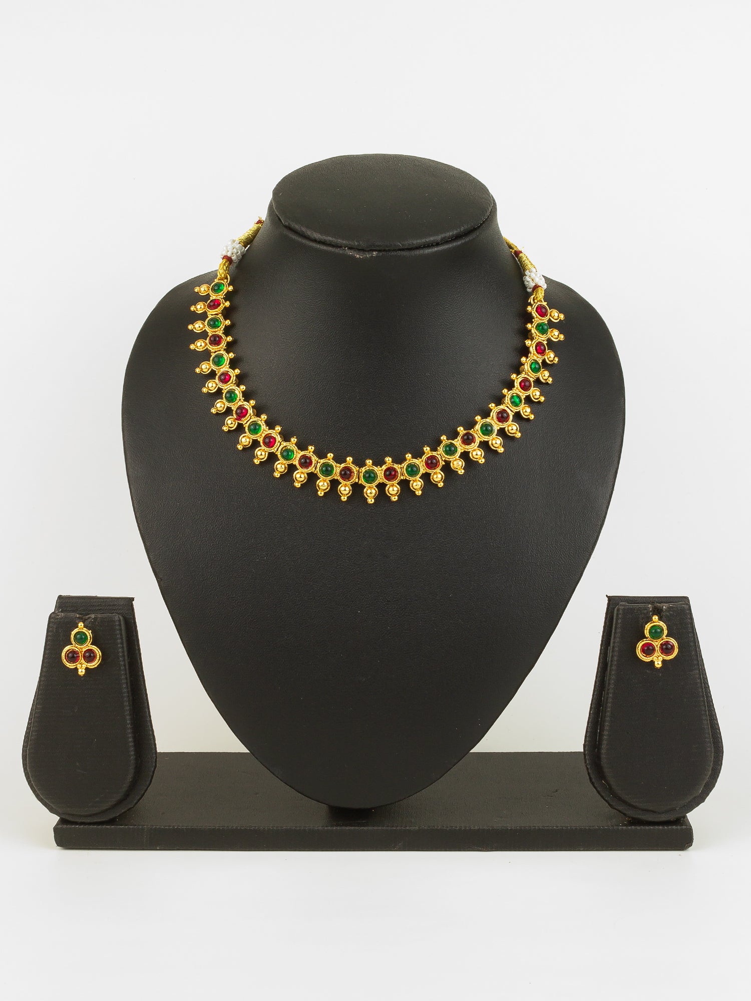 Aadita Gold Plated Green & Red Beaded Traditional Necklace Set for Women
