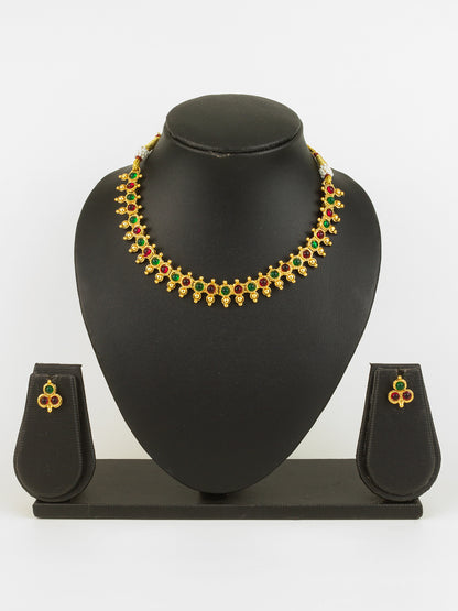 Aadita Gold Plated Green & Red Beaded Traditional Necklace Set for Women