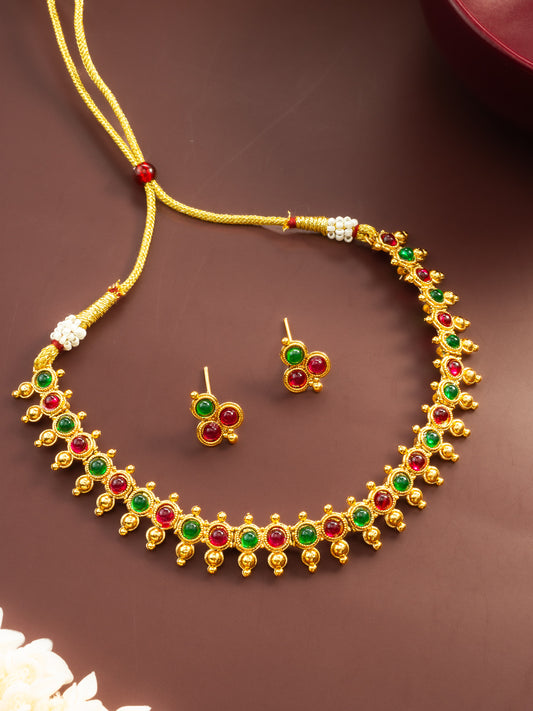 Aadita Gold Plated Green & Red Beaded Traditional Necklace Set for Women