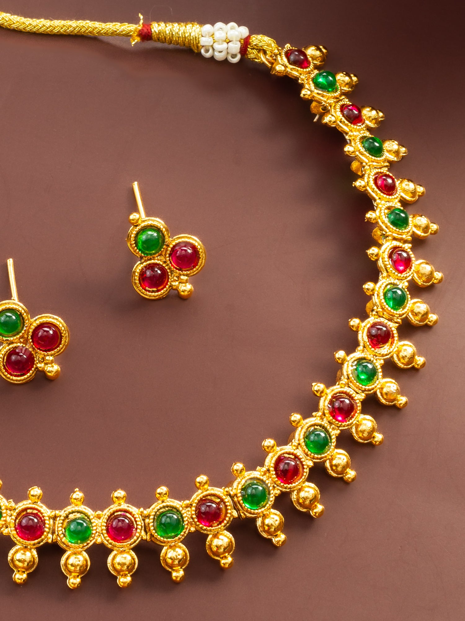 Aadita Gold Plated Green & Red Beaded Traditional Necklace Set for Women