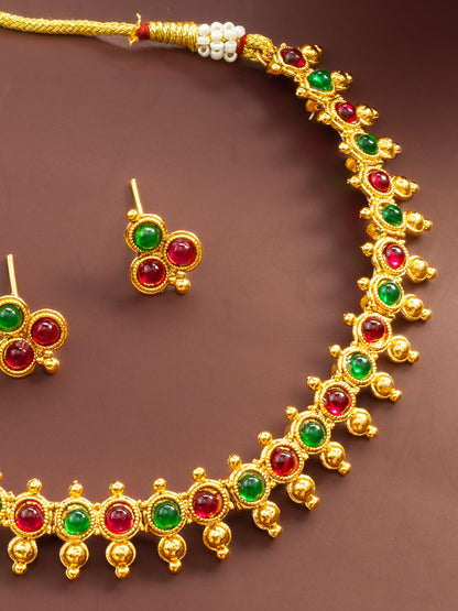 Aadita Gold Plated Green & Red Beaded Traditional Necklace Set for Women