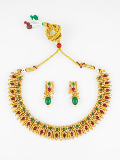 Aadita Gold Plated Red & Green Leaf Motif Traditional Necklace Set for Women