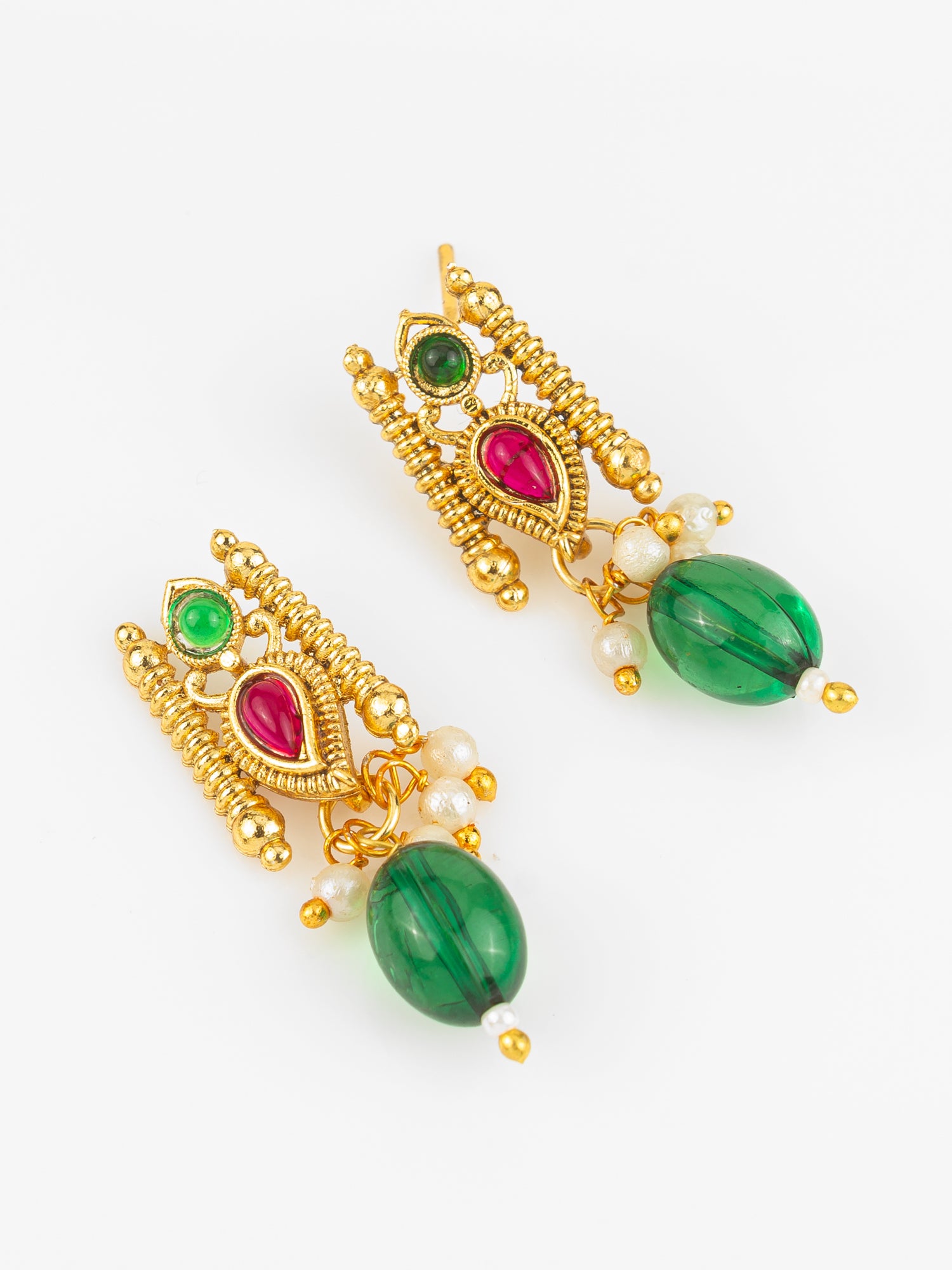 Aadita Gold Plated Red & Green Leaf Motif Traditional Necklace Set for Women