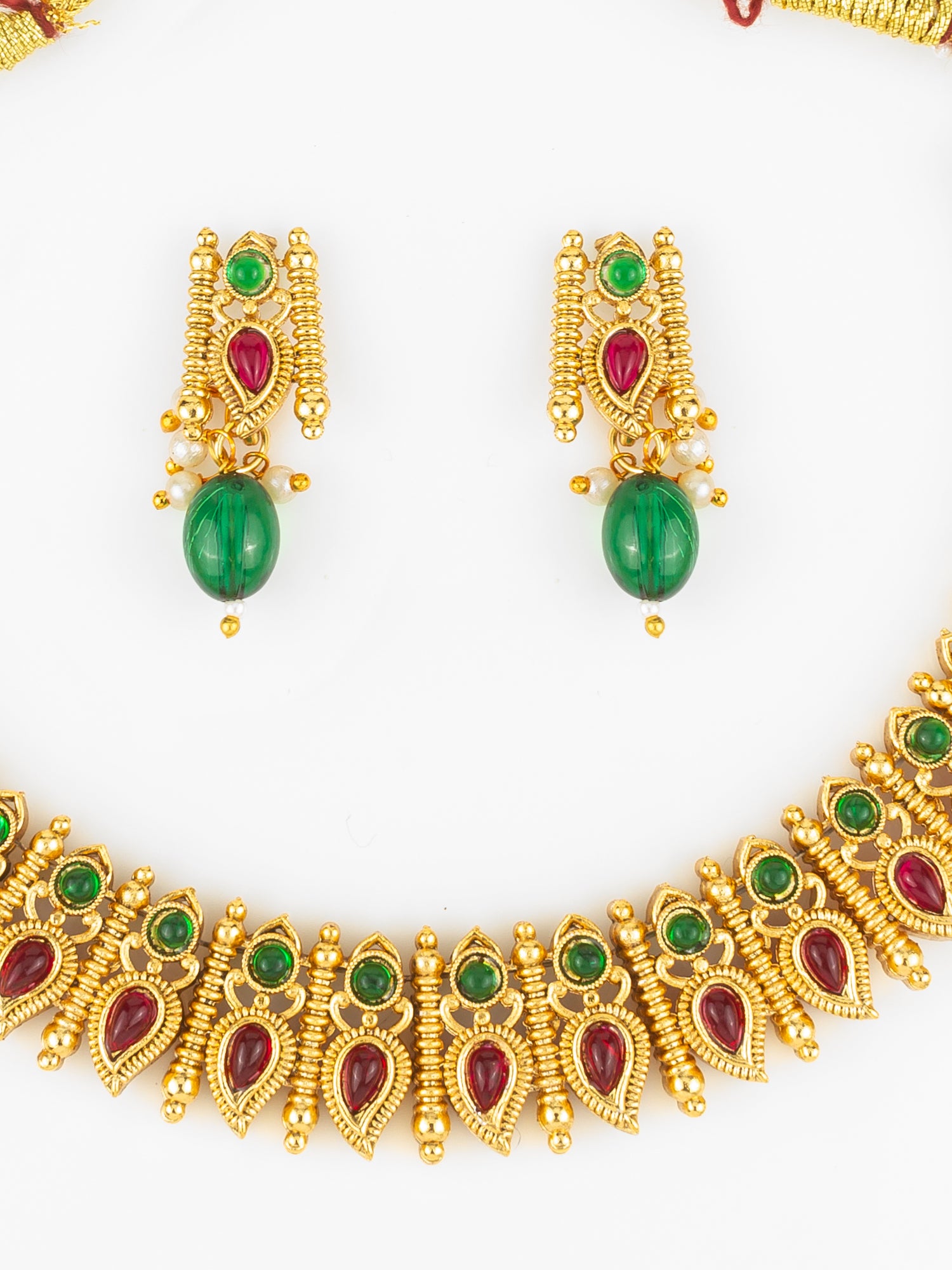 Aadita Gold Plated Red & Green Leaf Motif Traditional Necklace Set for Women