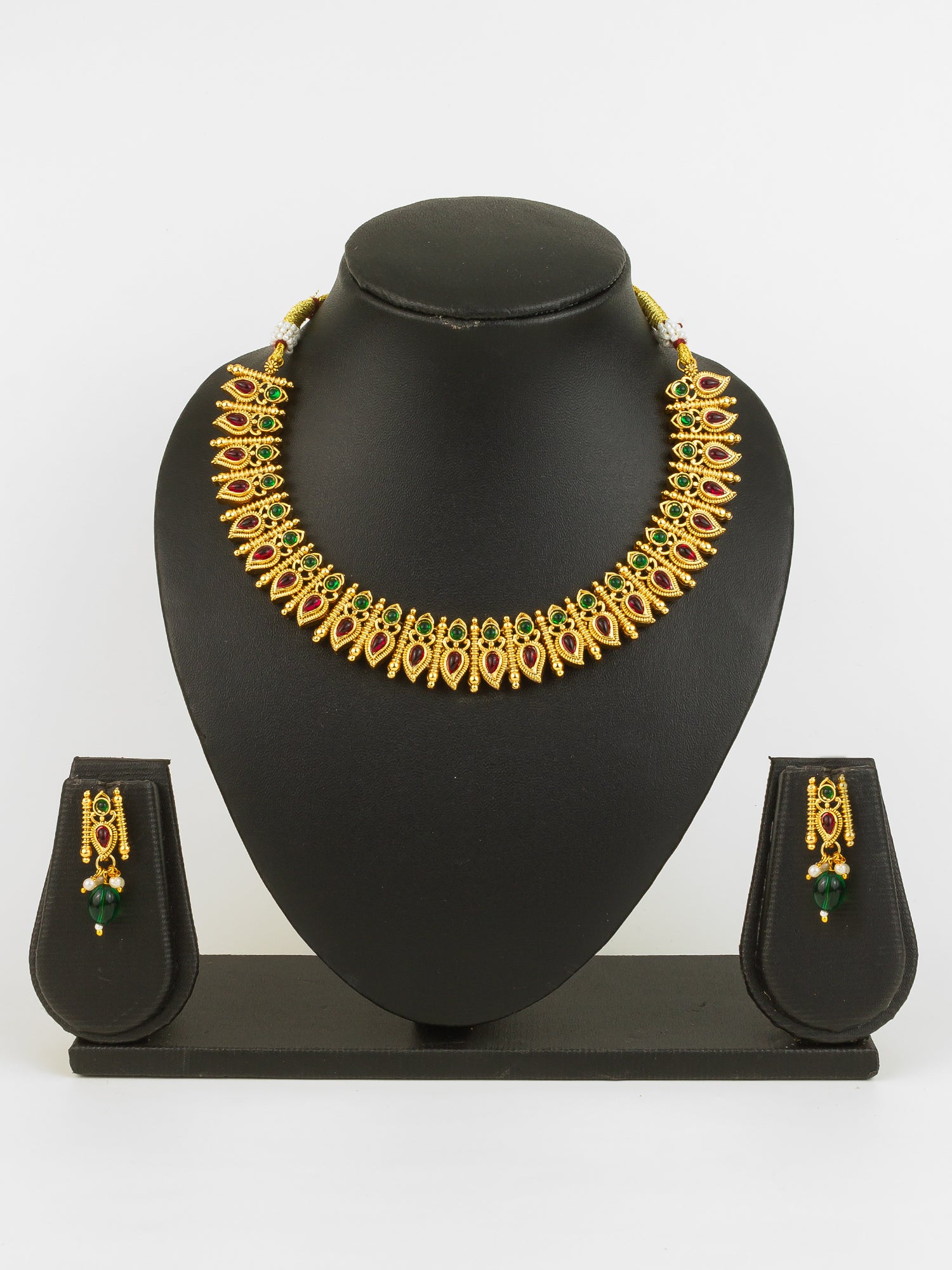 Aadita Gold Plated Red & Green Leaf Motif Traditional Necklace Set for Women