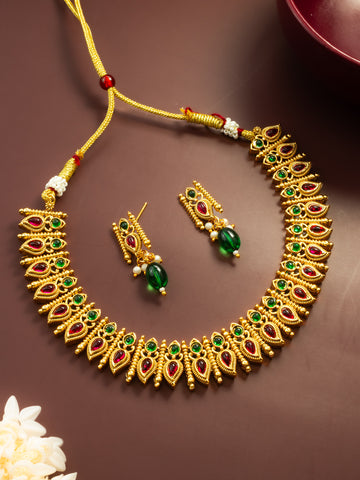 Aadita Gold Plated Red & Green Leaf Motif Traditional Necklace Set for Women