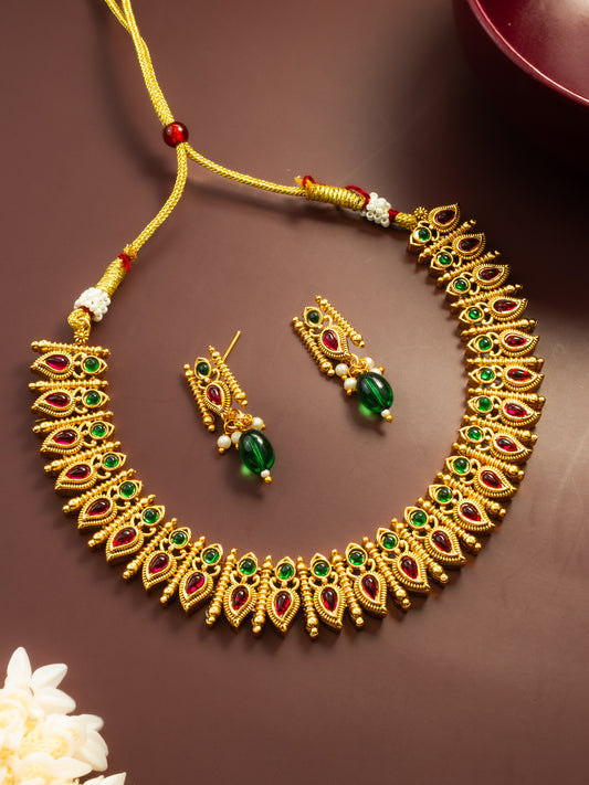 Aadita Gold Plated Red & Green Leaf Motif Traditional Necklace Set for Women