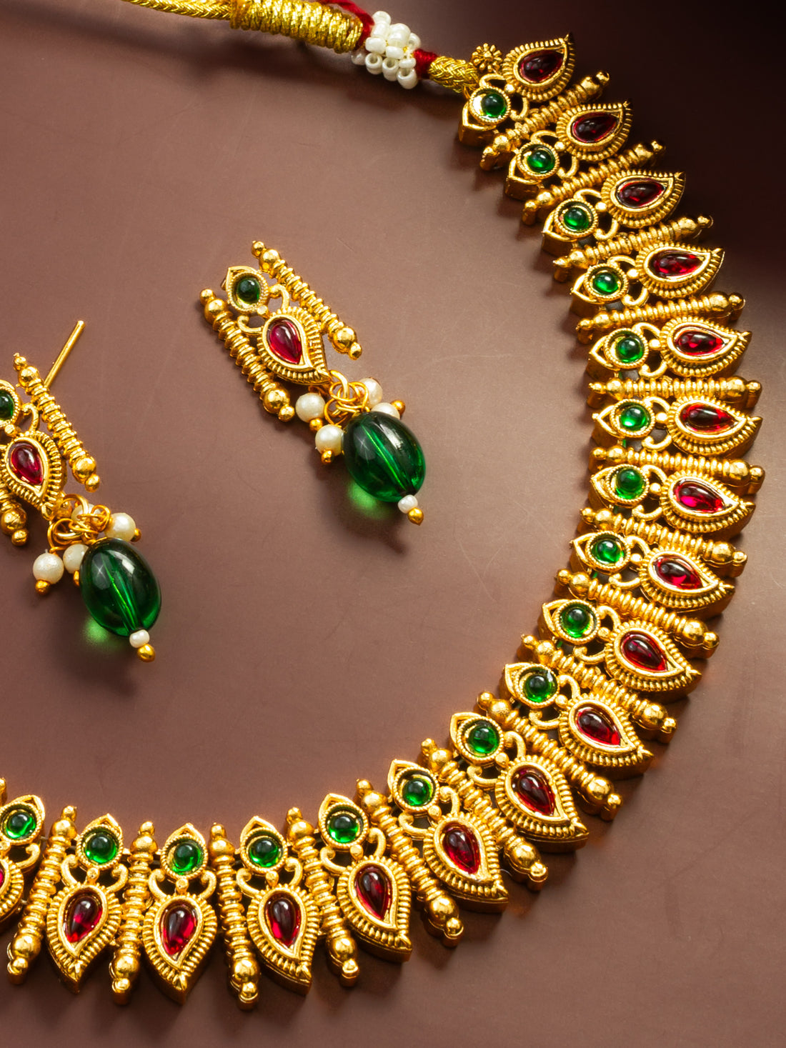 Gold Plated Red & Green Leaf Motif Traditional Necklace Set for Women