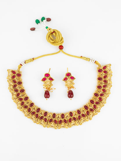 Aadita Gold Plated Maroon Oval Stone Designer Traditional Necklace Set for Women