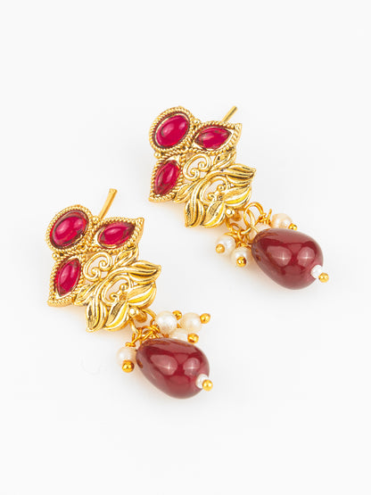 Aadita Gold Plated Maroon Oval Stone Designer Traditional Necklace Set for Women