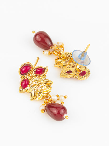 Aadita Gold Plated Maroon Oval Stone Designer Traditional Necklace Set for Women