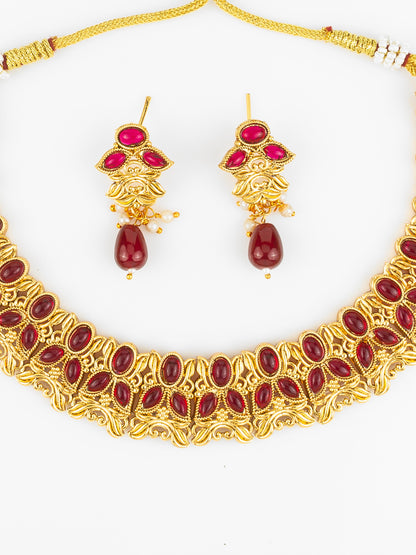 Aadita Gold Plated Maroon Oval Stone Designer Traditional Necklace Set for Women