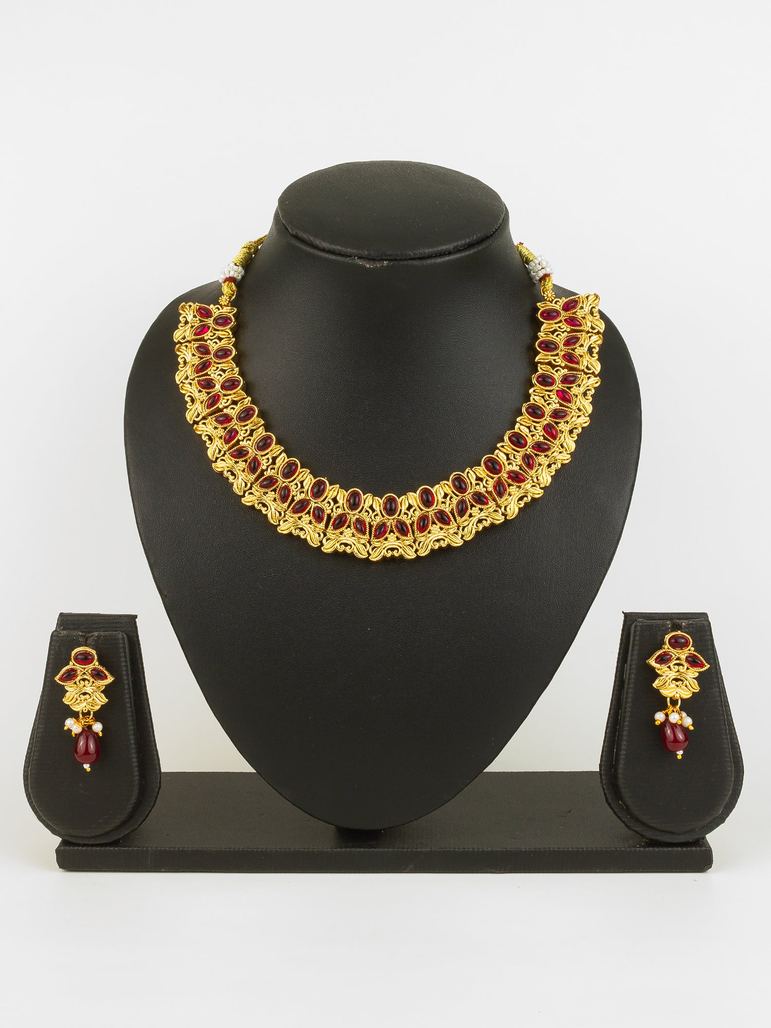 Aadita Gold Plated Maroon Oval Stone Designer Traditional Necklace Set for Women