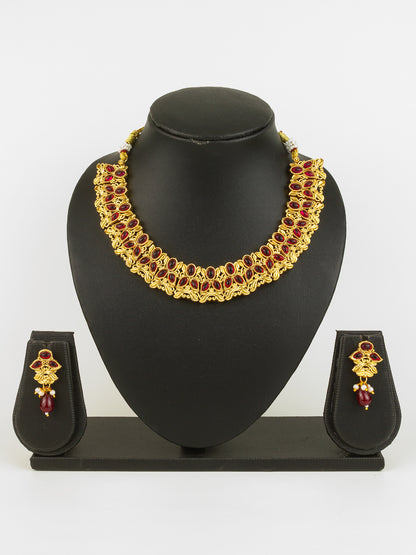 Aadita Gold Plated Maroon Oval Stone Designer Traditional Necklace Set for Women
