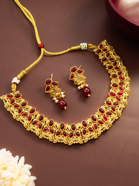 Aadita Gold Plated Maroon Oval Stone Designer Traditional Necklace Set for Women