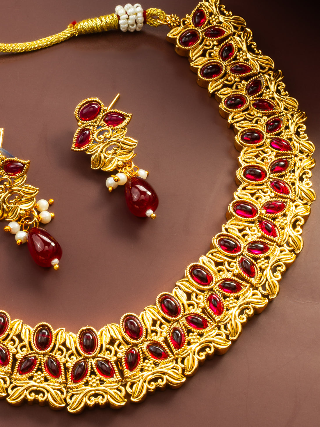 Gold Plated Maroon Oval Stone Traditional Necklace Set for Women