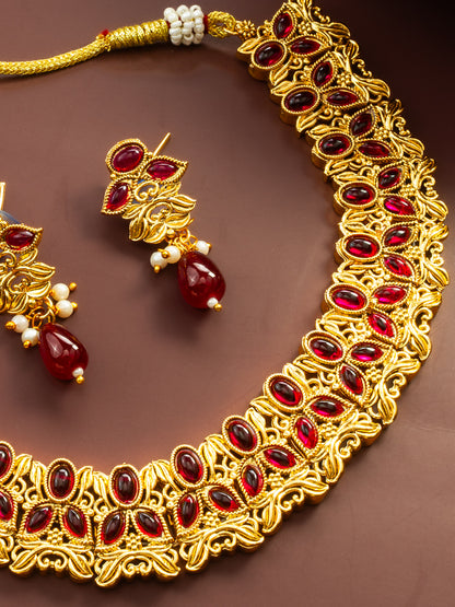 Aadita Gold Plated Maroon Oval Stone Designer Traditional Necklace Set for Women