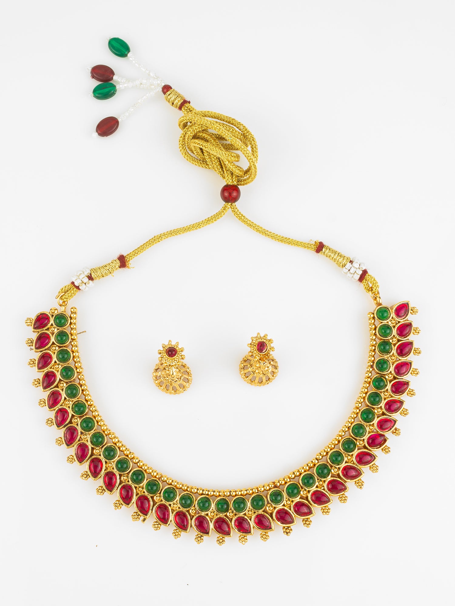 Aadita Gold Plated Red & Green Traditional Round and Teardrop Stone Necklace Set