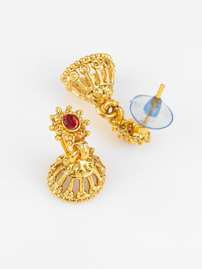Aadita Gold Plated Red & Green Traditional Round and Teardrop Stone Necklace Set