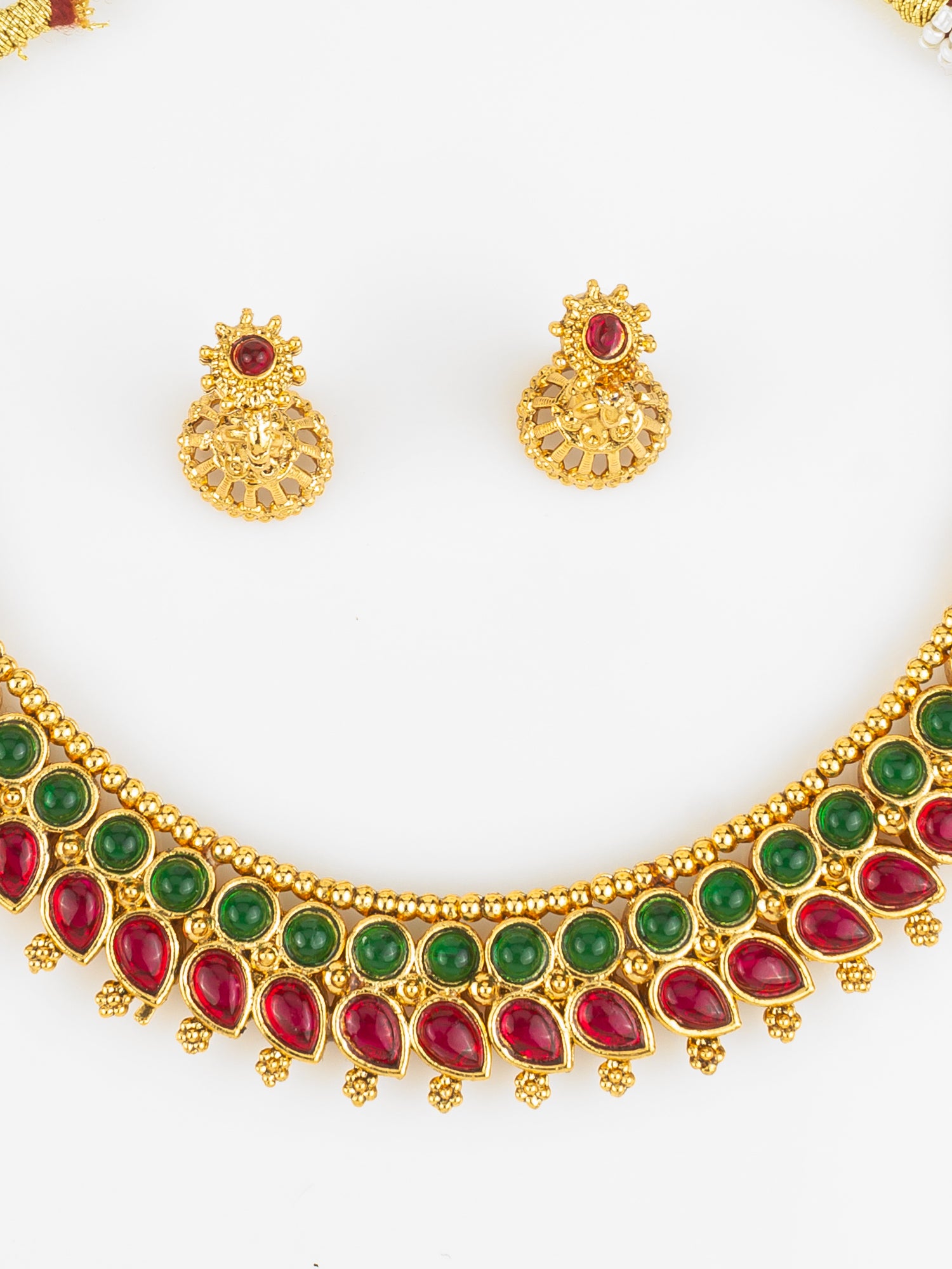 Aadita Gold Plated Red & Green Traditional Round and Teardrop Stone Necklace Set