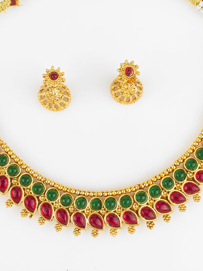 Aadita Gold Plated Red & Green Traditional Round and Teardrop Stone Necklace Set