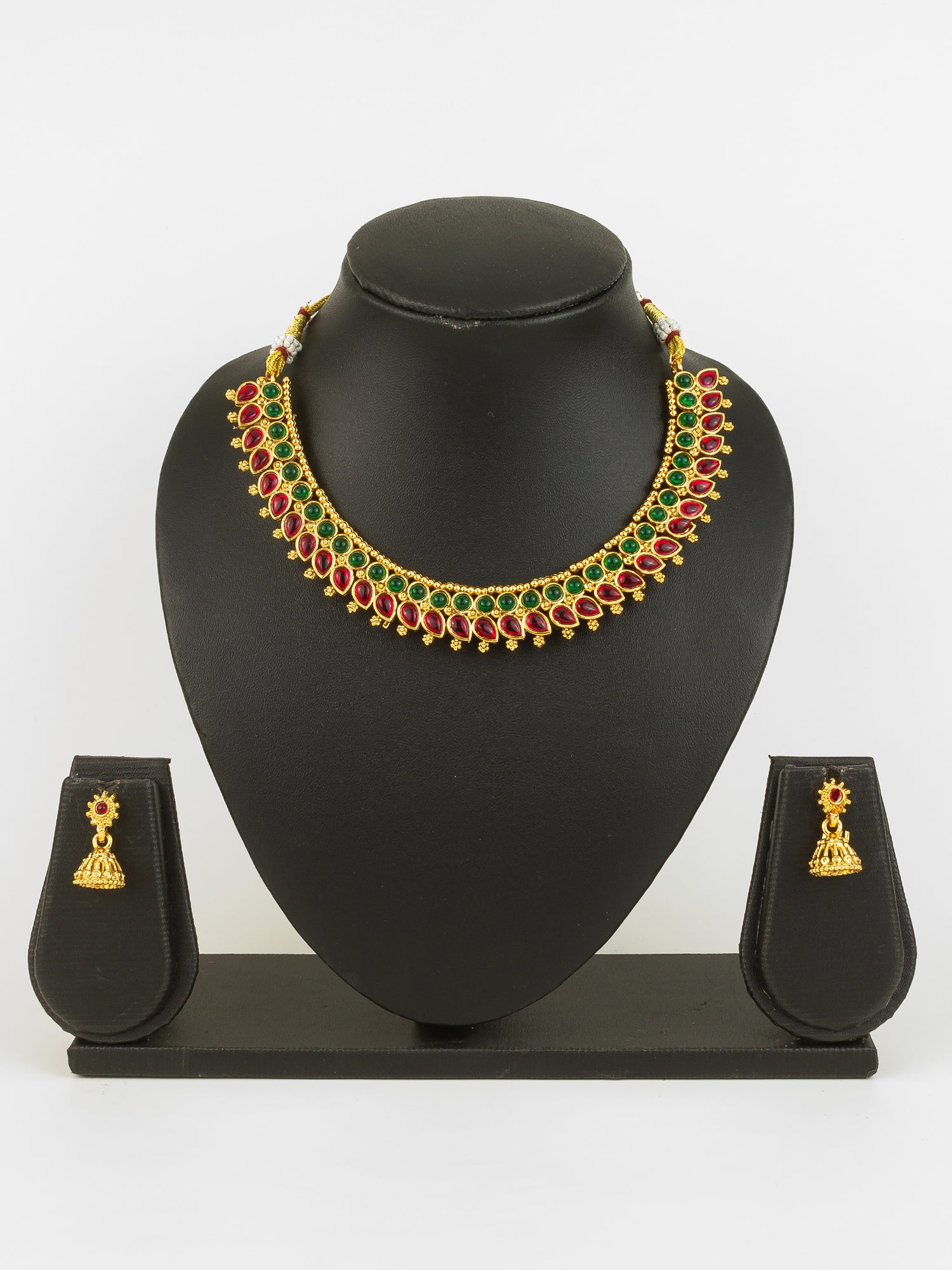 Aadita Gold Plated Red & Green Traditional Round and Teardrop Stone Necklace Set